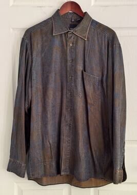 Haupt Germany Mens L Button Up Shirt Blue Denim Floral 16.5 41/42 Cotton Blend